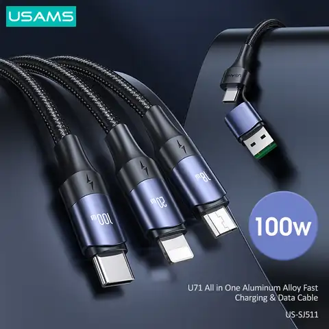 Кабель USAMS 100 Вт 6A 3 в 2 USB A C к кабелю Lightning Type C QC PD Кабель для быстрой зарядки для iPhone 13 12 11 Pro Max Huawei Xiaomi