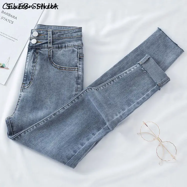 

Korean Elastic Denim Jeans Woman Gray Blue High Waisted Skinny Jeans Woman Clothes Chic Soft Denim Pencil Pants Female Mom Jeans