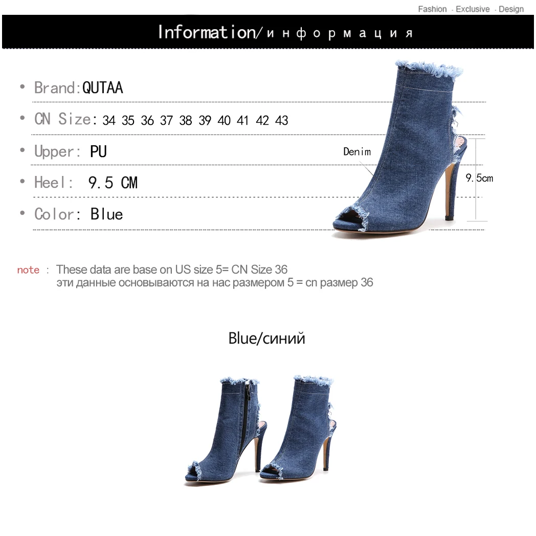 Женские сандалии QUTAA на тонком высоком каблуке с открытым носком из джинсовой