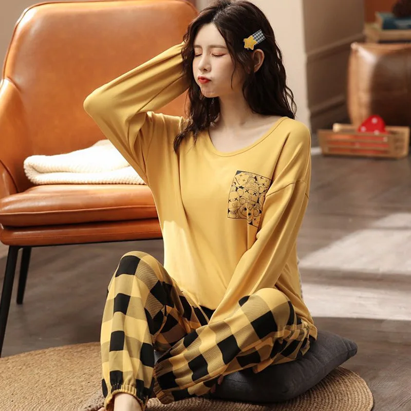 Pajamas Women's Spring Autumn Cotton Nightwear Long Sleeve Large Size Sleepwear Home Wear Suit Night Wear Cartoon