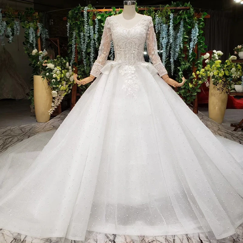 

BGW HT3245 Applique Свадебное Платье Peplum Train With Pearl Wedding Dress Long Sleeves Ivory Wedding Dress 2020
