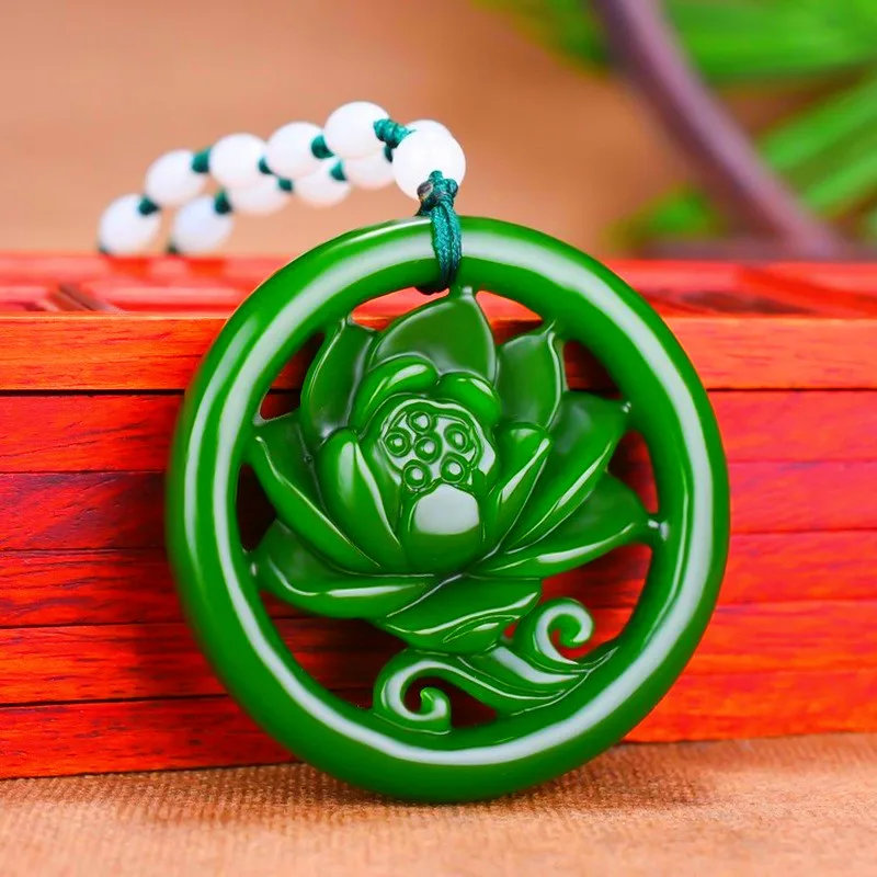 

Natural Green Hand Carved Hollow Lotus Jade Pendant Fashion Jewelry Men's and Women's Necklaces