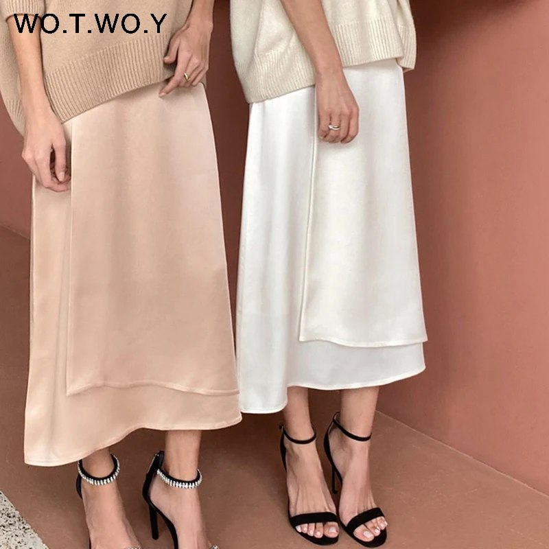 Женская шелковая юбка с высокой талией WOTWOY элегантная Однотонная до середины
