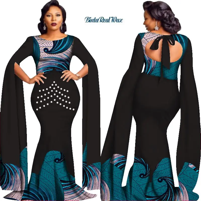 2020 African Print Pearls Dresses for Women Queen-style Vestidos Custom Bazin Long Dress African Clothes Party Dress WY2778