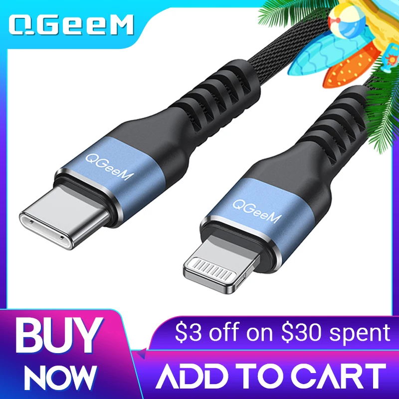 Зарядный кабель QGeeM MFi с USB C на Lightning для iPhone 12 mini Pro Max 11 X XS 8 7 PD быстрой зарядки и