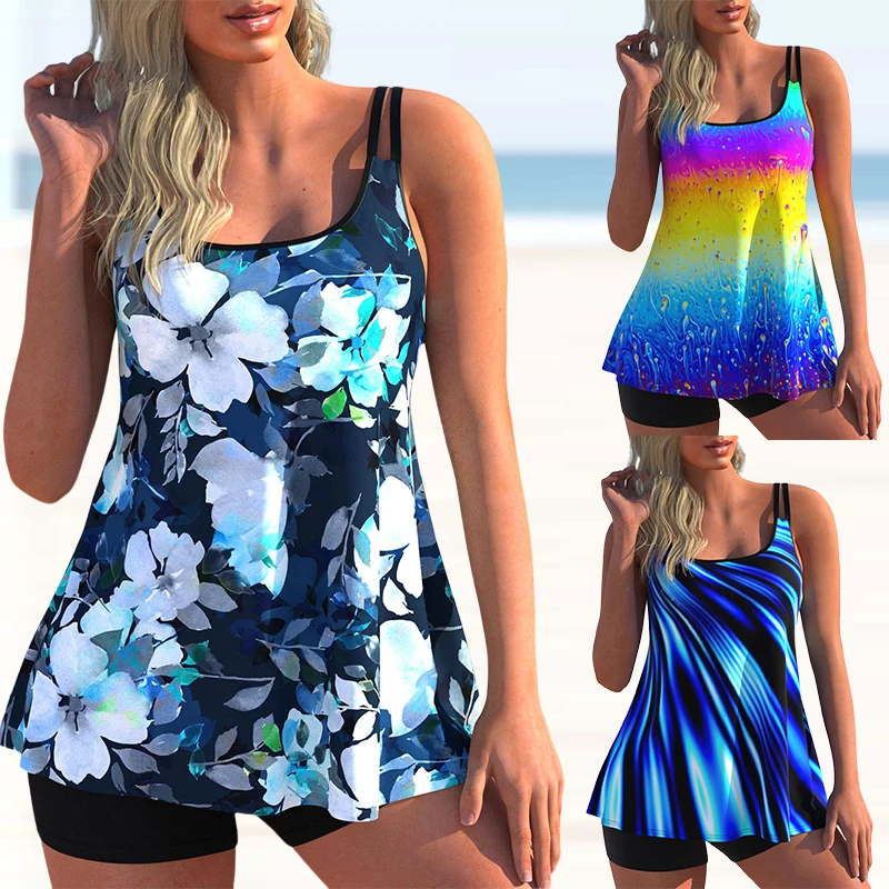 

New Plus Size Women Fashion Sexy Tankini Two Piece Personality Print Camisole Swimsuit Sets Lady Swimming Suit Swimwear Bikini