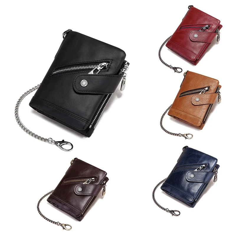 

Кожаный мужской кошелек HUMERPAUL, кошелек для мелочи с RFID-защитой, короткий кошелек с застежкой для карт и цепочкой, мужской кошелек премиум-кла...