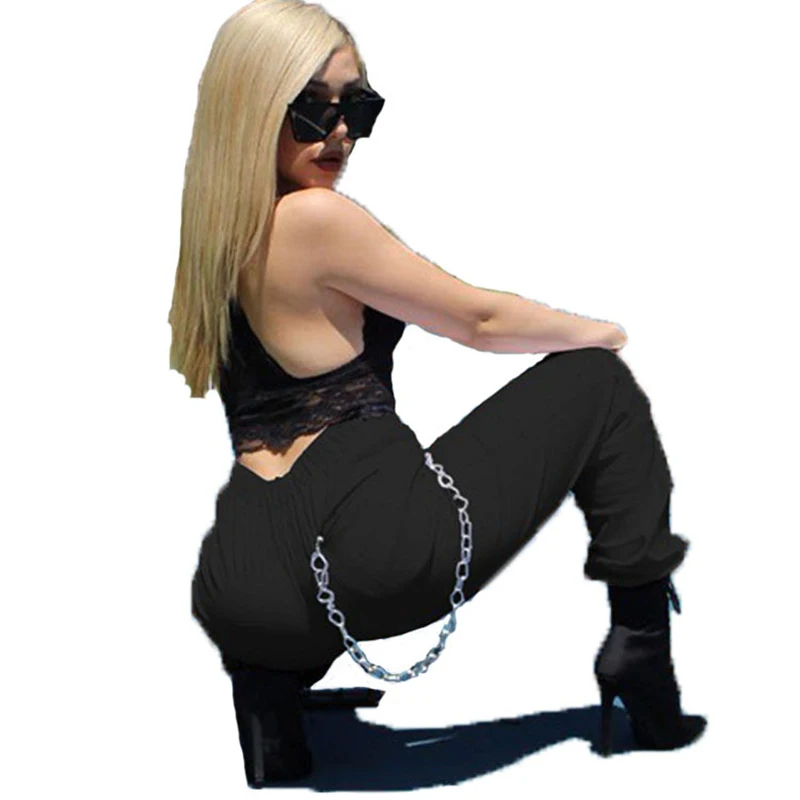 

1piece Zipper Streetwear Women Casual Harem Pants With Chain Solid Black Pant Cool Fashion Hip Hop Long Trousers