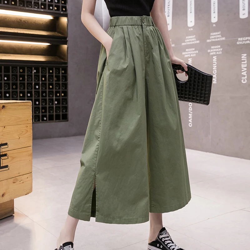 

CHICEVER Khaki Wide Leg Pants For Women High Waist Ankle Length Loose Minimalist Oversize Trousers Females 2021 Clothing Summer