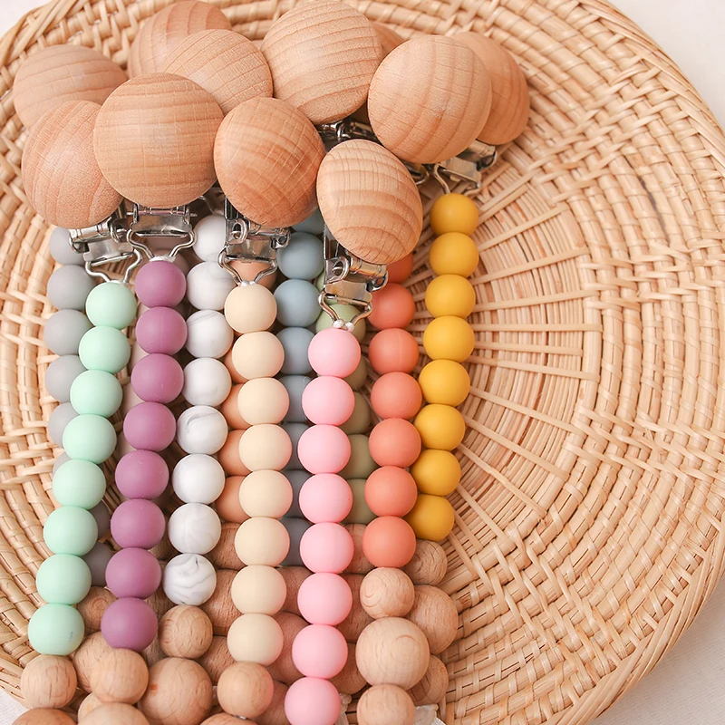 

1Pc Baby Silicone Beads Pacifier Chain Wooden Ring Bracelet Dummy Holder Nipple Beech Wood Clip Teething Chew Toy for Baby Stuff