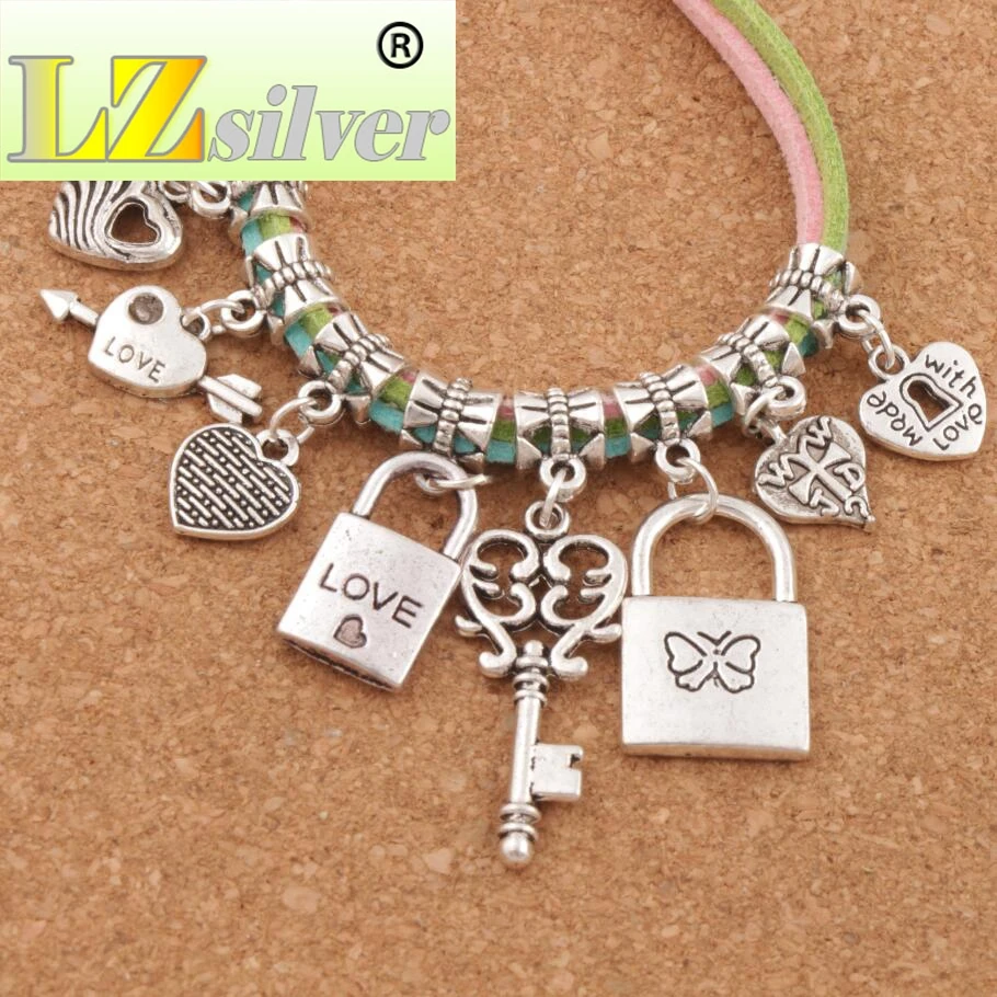 Love Heart Locket Keyhole Heart Charm Beads mixed 80pcs zinc alloy Dangle Fit European Bracelets BM29