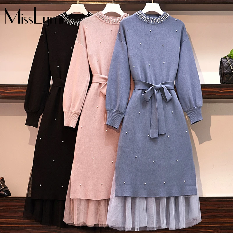 MissLymi Plus плюс размер женские платья с бисером Мода 2019 свитер вязаное платье