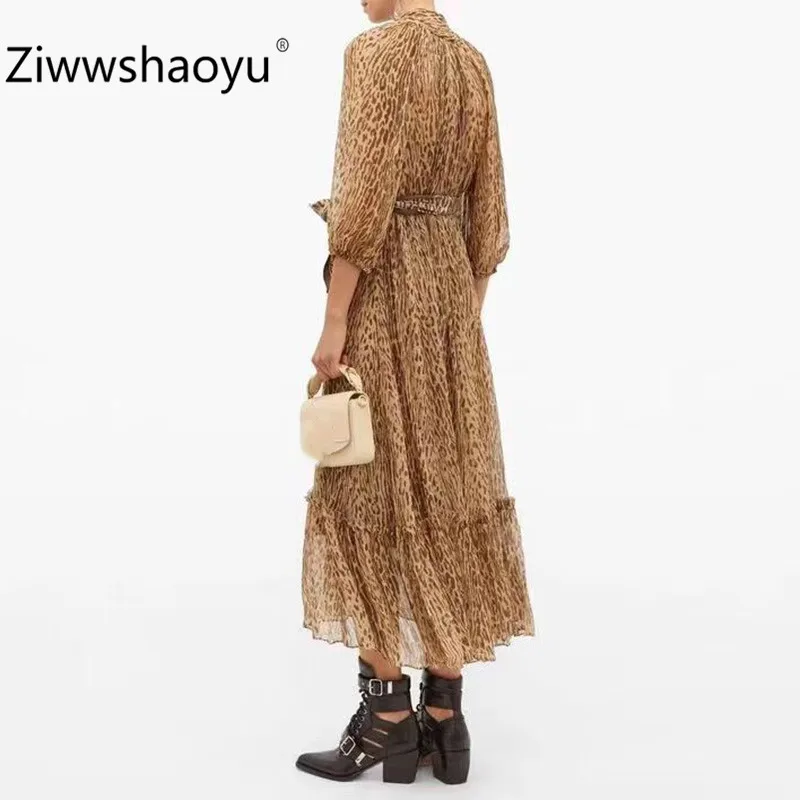 Ziwwshaoyu женское осенне-зимнее винтажное леопардовое платье миди с принтом модный фонарь рукав бант воротник сексуальные платья для вечеринок