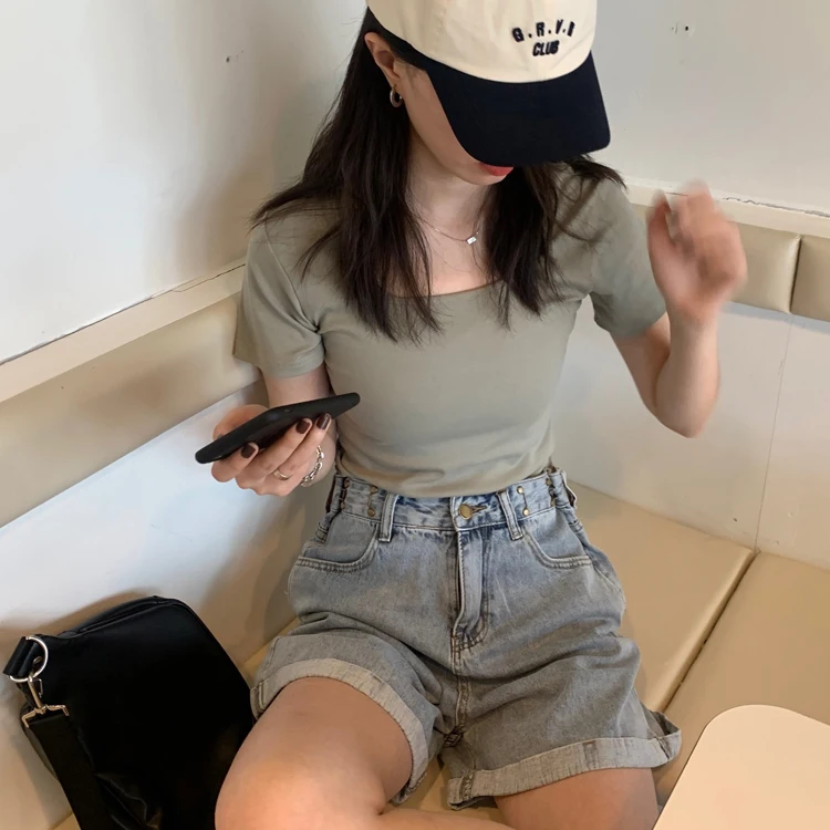

6-color new summer streetwear women T-shirt elegant U-neck stretch short-sleeved crop tops casual high-street cotton T shirts