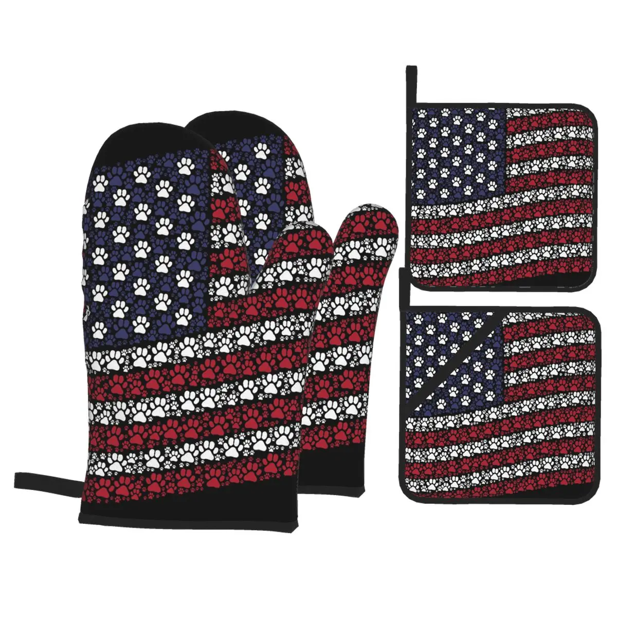 

4pcs Kitchen Gloves Insulation Pad Microwave Gloves Paw Footprint Pictograms Waving USA Flag Baking BBQ Potholder Pad Oven Mitts
