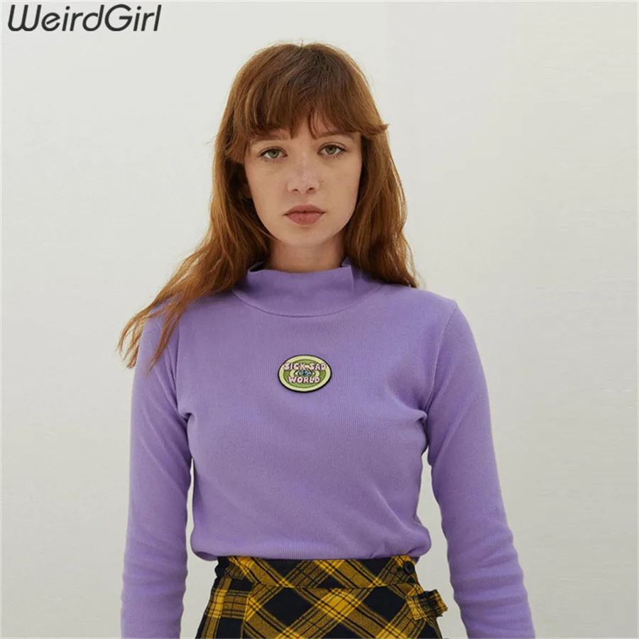 Weirdgirl Женская Повседневная модная Водолазка с длинным рукавом фиолетовые Осенние футболки с надписями элегантные свитшоты Женский Пуловер Свободный