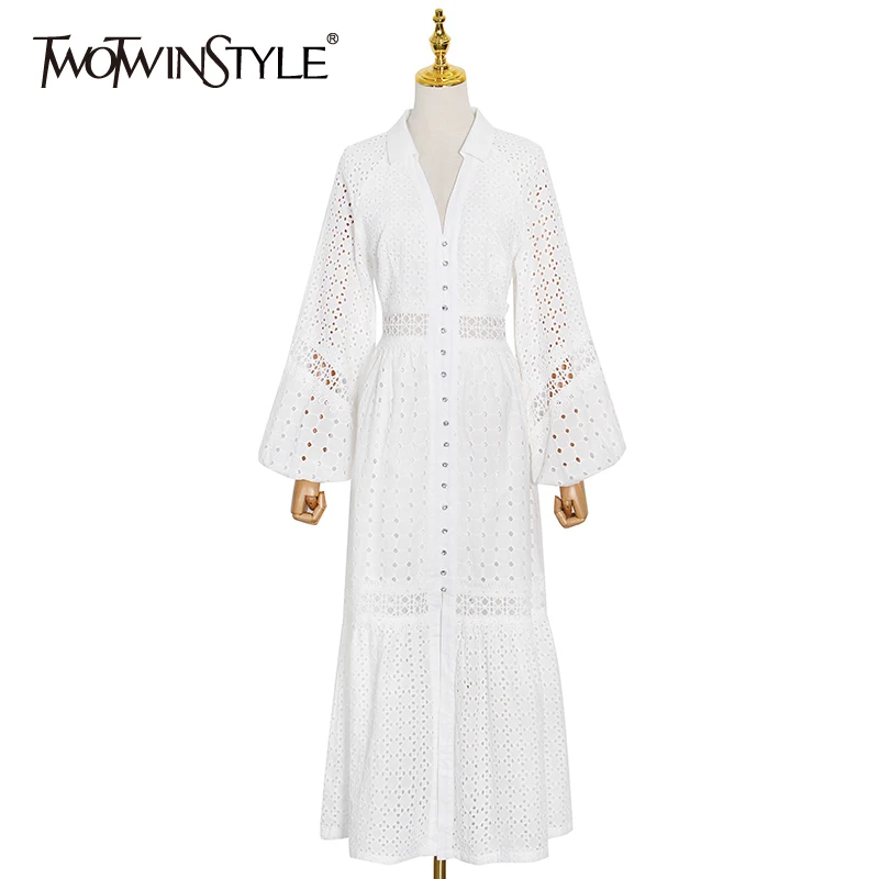 

TWOTWINSTYLE Elegant Green Spring Dress For Women Lapel Long Sleeve High Waist Hollow Out Midi Dresses Female Fashion New