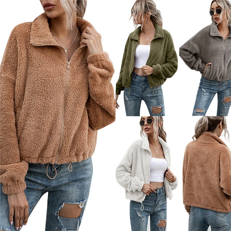 

2021 Women Short Plush Jacket Simple Solid Color Zipper Closure Elastic Drawstring Autumn Winter Clothing