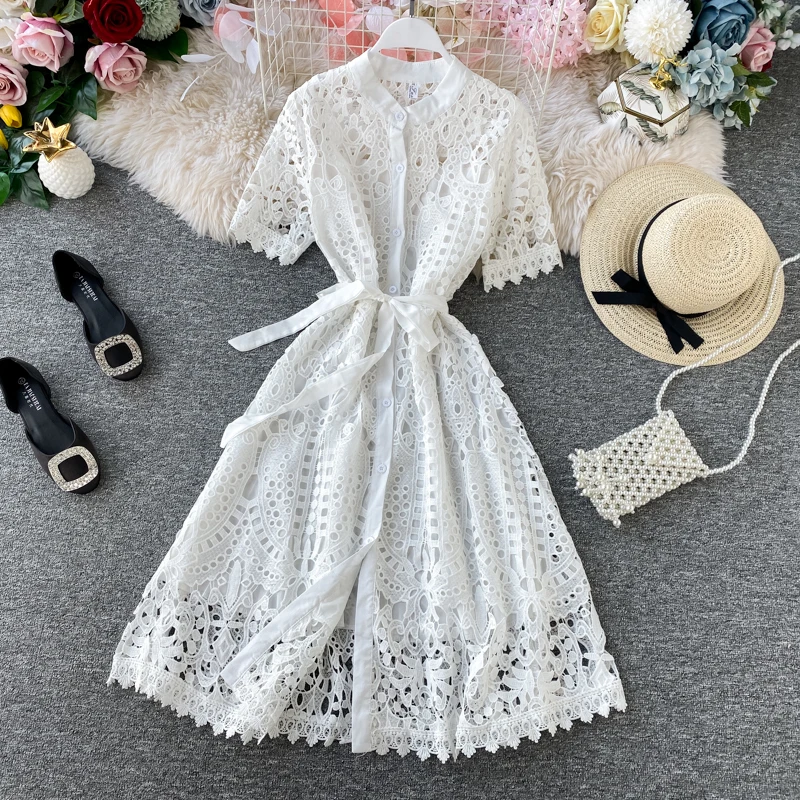 

Elegant Crocheted Hollow Lace Round Collar Short Sleeve Lace Dress Summer 2021 Fashion Single Breasted Slim Waist Midi Dress