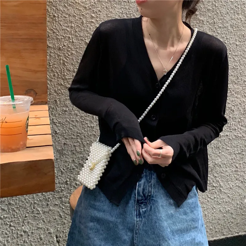 

V-Neck Soild Summer Woman's Knitted Cardigans Casual Thin Ladies Sunscreen Tops Single Breasted Transparent Cardigans for Female