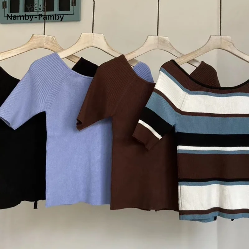

Office Lady Sexy Slash Neck Pullovers Backless Lace Up Bow Slim Crop Tops Summer 2021 Chic Elegant Half Sleeve Knitted Tshirt
