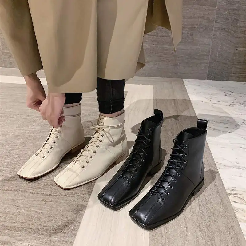 

handmade cow leather sewing square toe med heel ankle boots elegant lace up party runway concise solid women winter shoes L02