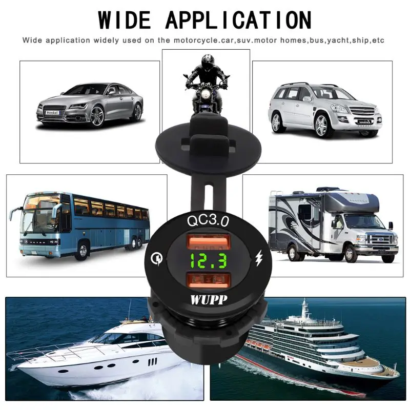 

12V/24V Aluminum Waterproof Dual USB QC3.0 Fast Charger Socket Power Outlet Adapter With LED Voltmeter for Car Boat Motorvycle