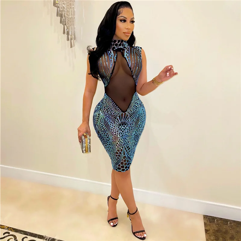 Женское вечернее платье с блестками элегантное Сетчатое без рукавов в стиле