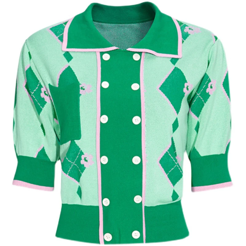 

GALCAUR Vintage Slim Print Patchwork Colorblock Short Sleeve Tops Lapel Collar Female Blouses Korean Fashion New Clothing 2021