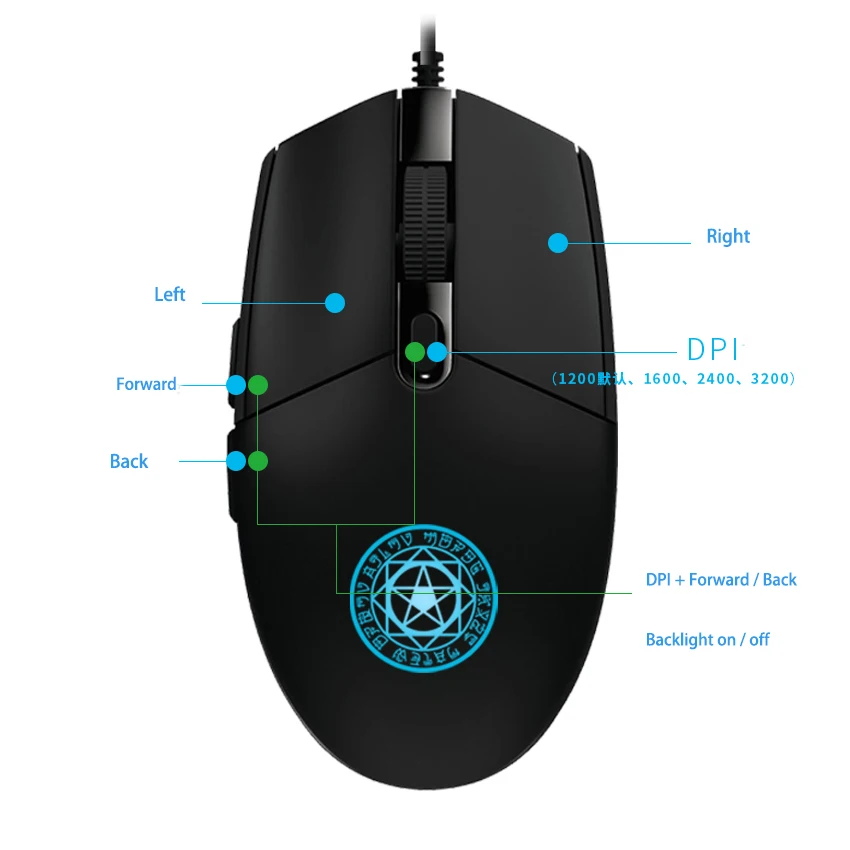USB Проводная оптическая мышь 3200DPI с 5 кнопками и подсветкой светодиодный