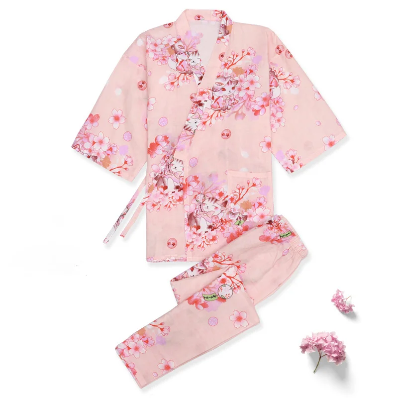 Японской традиции Стиль с милым принтом из хлопка и льна пижамные брюки для