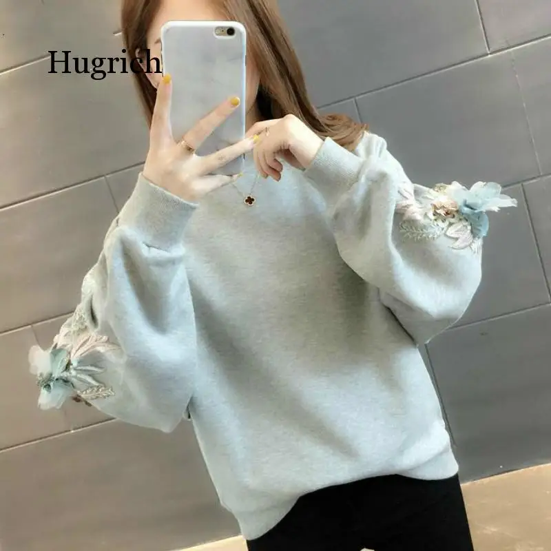 

Thicked Flower Embroidery Hoodies O Neck Long Sleeve Ins Warm Sweatshirt Autumn Spring 2020 New Solid Ladies Top