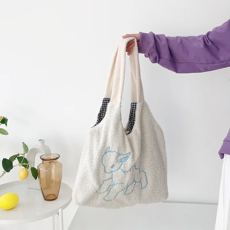 

Women's Bag Lamb Fabric Shoulder Bag Cartoon Handbag Tote Large Capacity Sheep Shopper Bags Cute Bag for Girls New Design