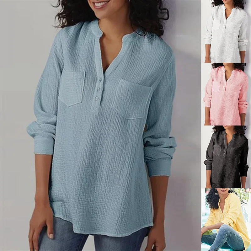 The new 2021 pure color v-neck shirt qiu dong female cotton and linen pocket loose big yards shirt