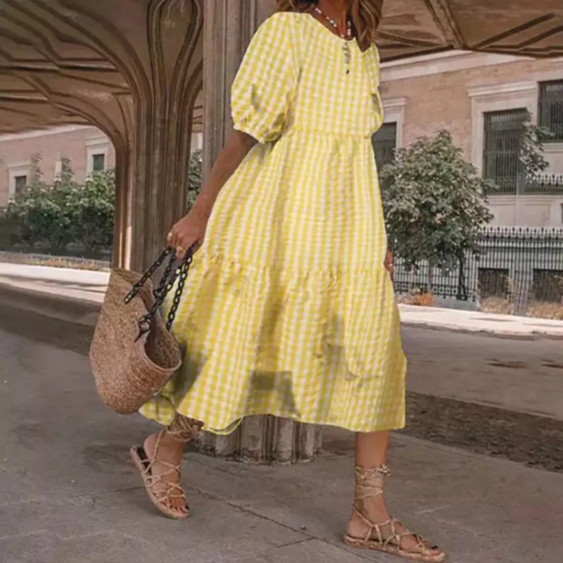 

Gentillove Women Beach Bohemian Solid Vintage Sexy Lantern Sleeve Plaid Summer Mid-Calf Sundress O-Neck Dress Casual Oversized