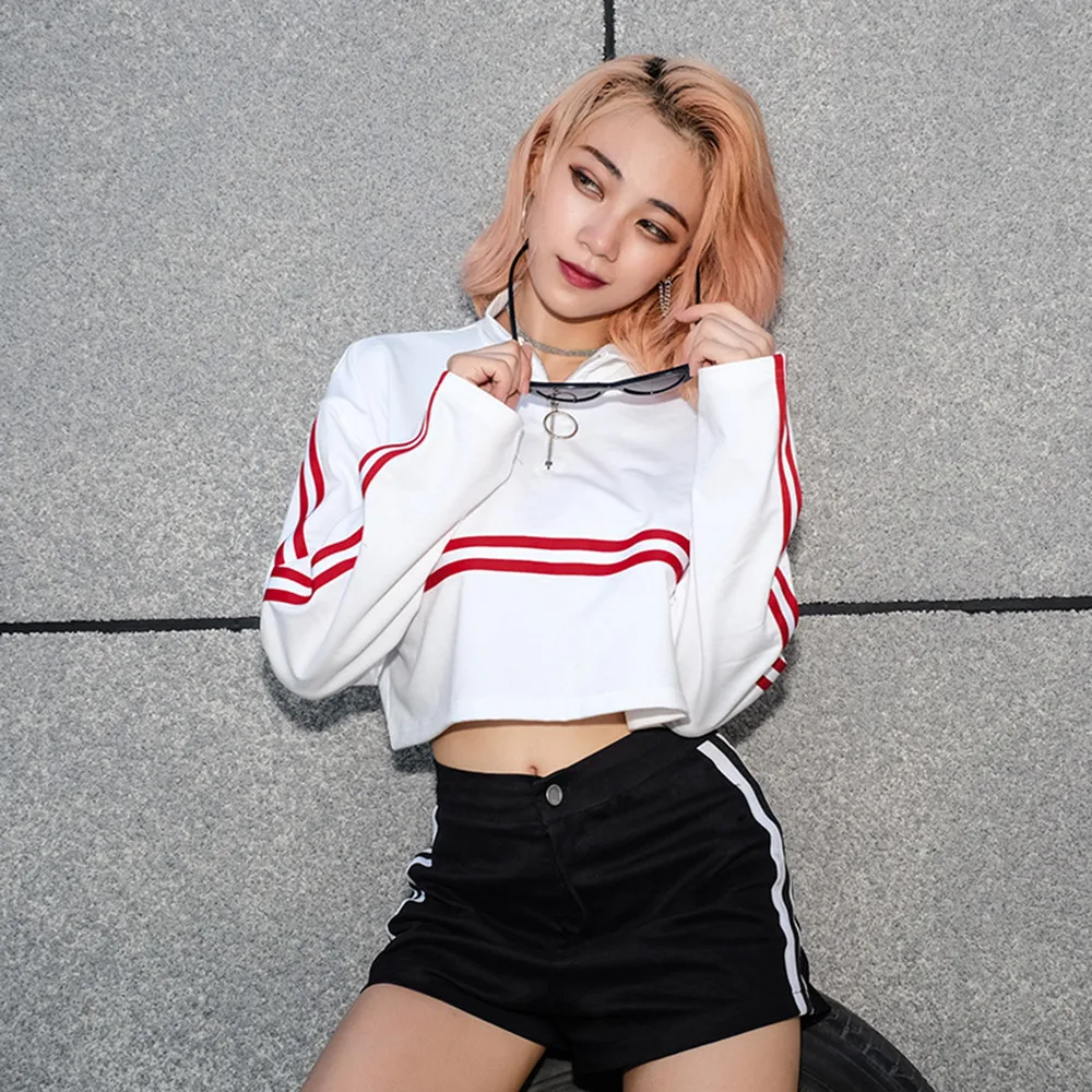 Толстовка kpop уличная женская маленькая водолазка полосатая Лоскутная с лентами