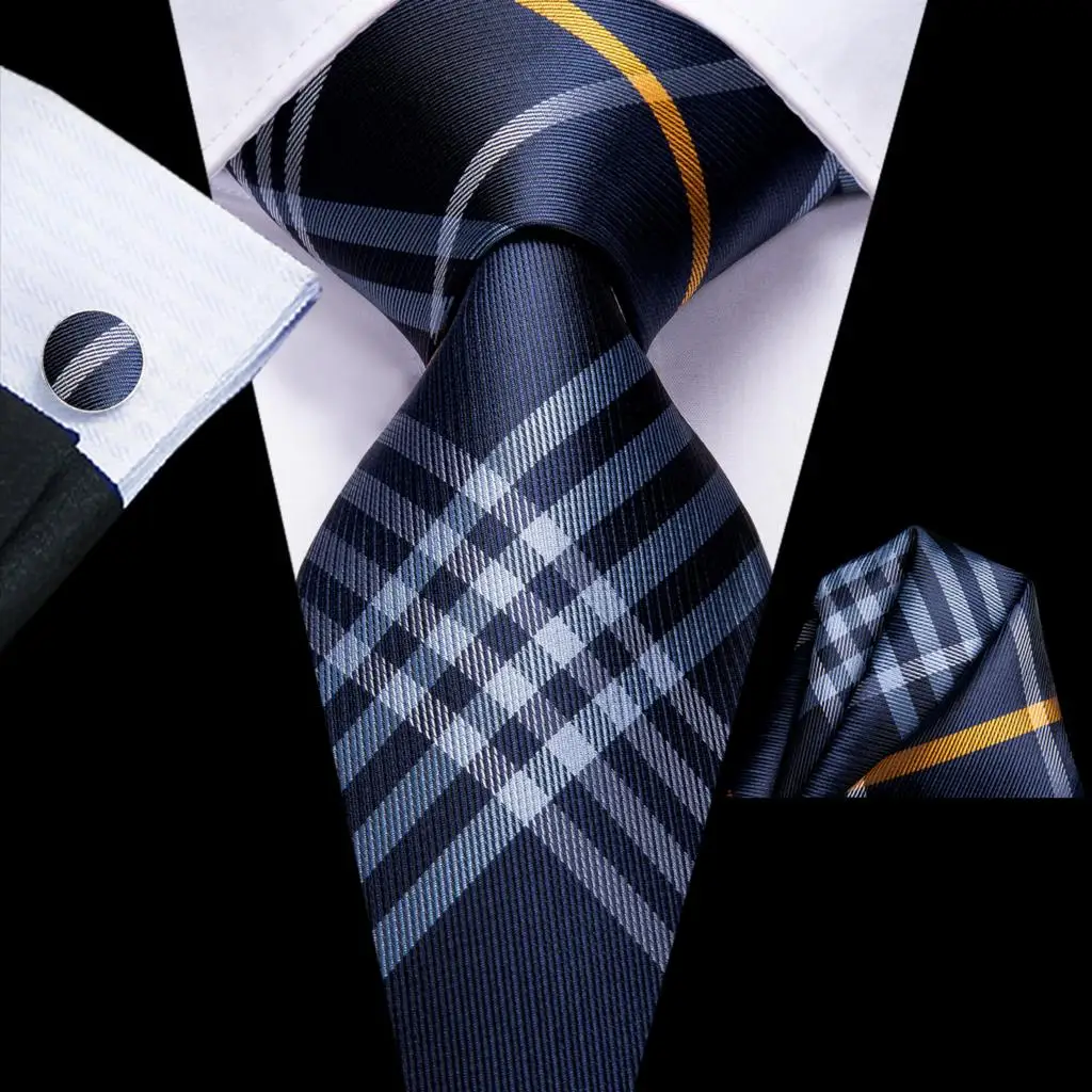 Фото Привет-галстук Шелковый Свадебный галстук для мужчин синий белый PlaidHandky Запонки
