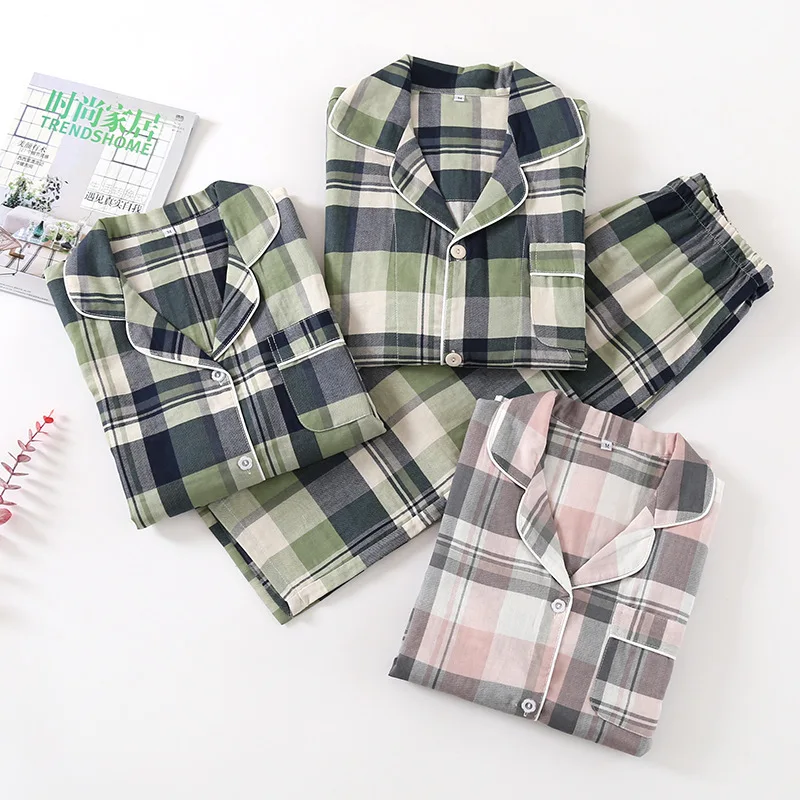 

Couple Cotton Double-Layer Gauze Long Sleeved Pajamas set for Women and Men Lapel Casual Plaid Thin Sleepwear Pants Home Clothes