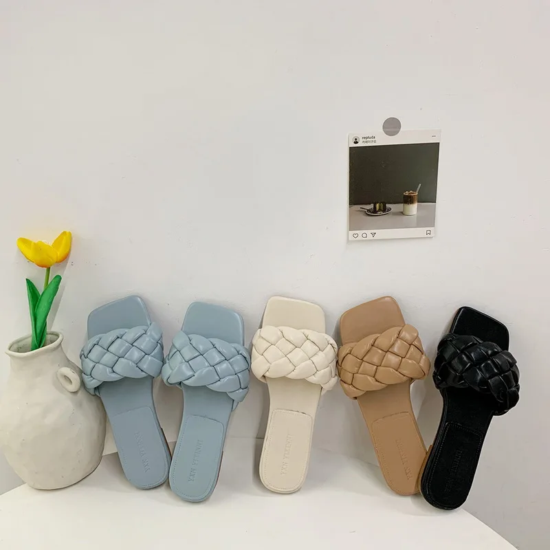 

Шлепанцы женские плетеные, квадратный носок, плоская подошва, Повседневная летняя обувь, однословные тапочки, пляжные сандалии и тапочки, б...