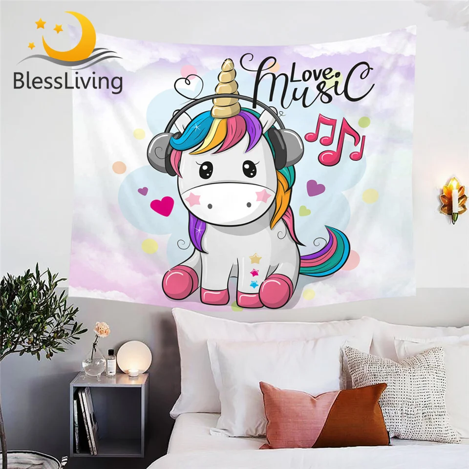 

BlessLiving Cute Unicorn Tapestry Rainbow Hair Wall Hanging Love Music for Kids Cartoon Wall Decoration 150x200cm Bedspreads