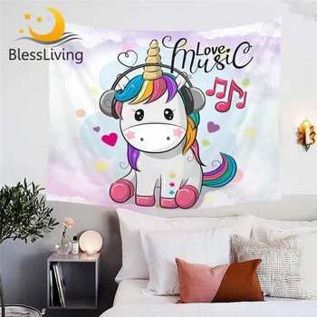 BlessLiving Cute Unicorn Tapestry Rainbow Hair Wall Hanging Love Music for Kids Cartoon Wall Decoration 150x200cm Bedspreads 1