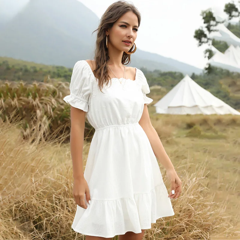 

2021 New Fashion Ladies Square Collar Ruffles Dress Summer Women Short Sleeve White Knee-length Elegant Dress