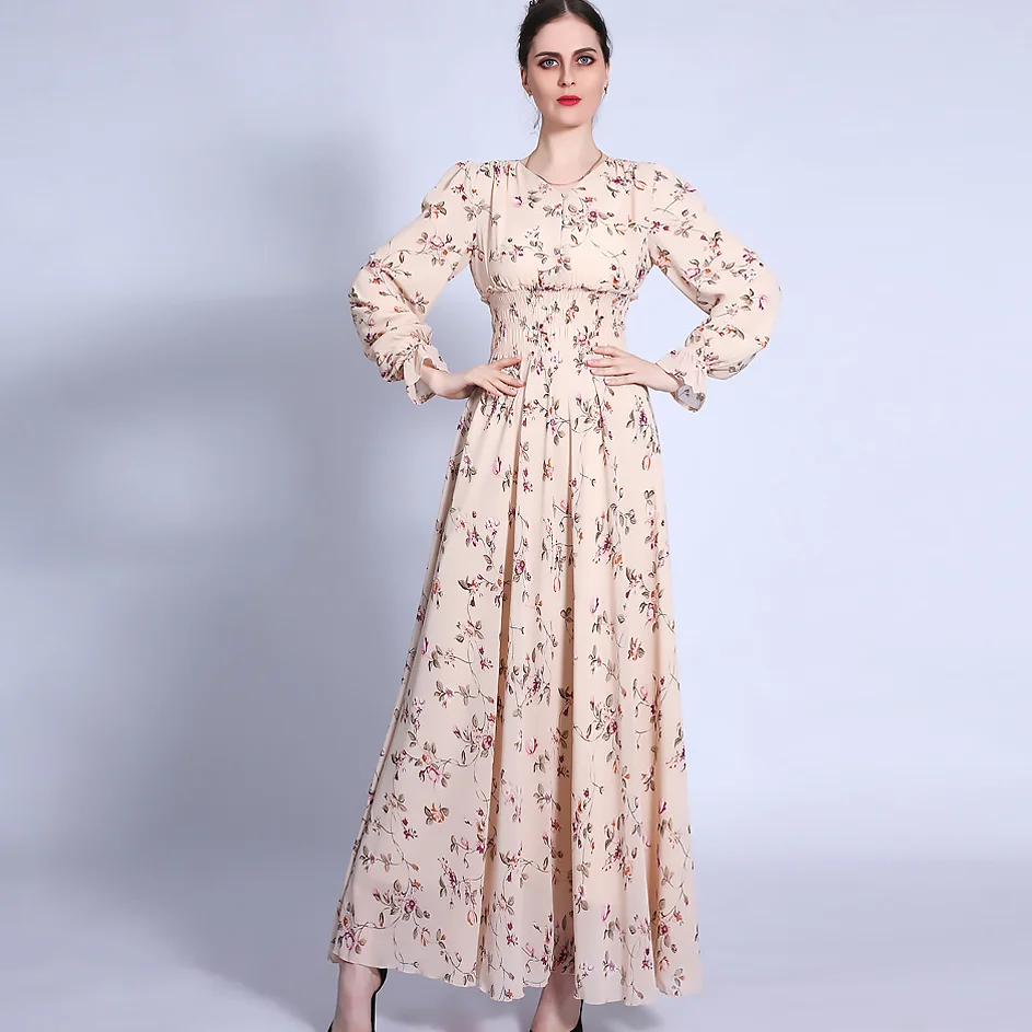 2021 Ramadan New Floral Chiffon Dress Elastic Waist A Line Slim Muslim Women Fashion Temperament Dress Muslim Dress Women