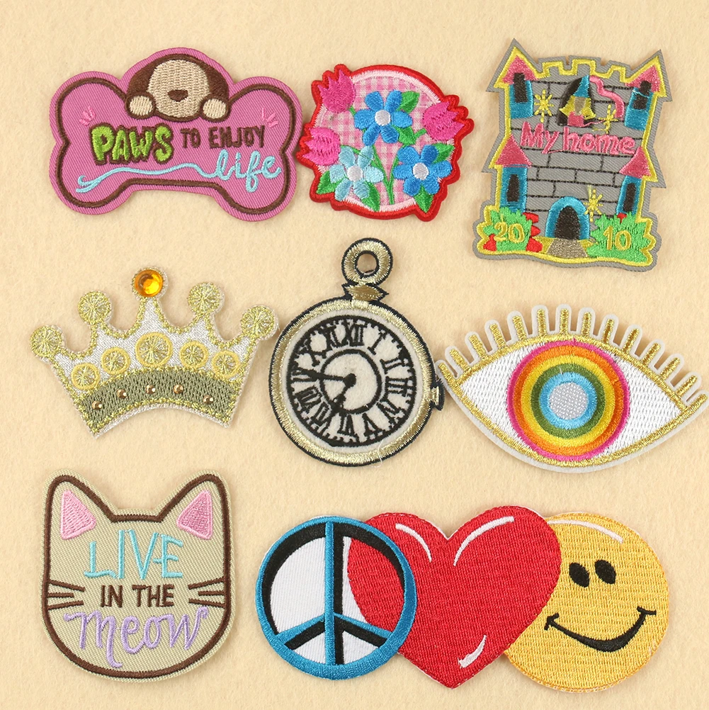 Мультяшные часы очки Любовь цветок патчи Одежда Вышивка утюгом аппликация