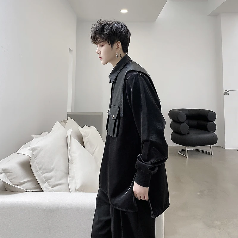 

New Male Streetwear Hip Hop Punk Loose Hoodie Sweatshirt Men Leather Splice Collar Long Sleeve Pullover Sweatshirt