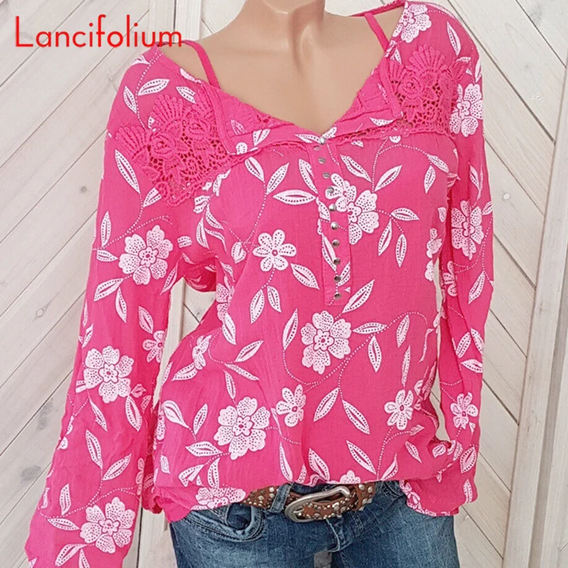Бохо Цветочная блузка женская 2020 кружевная рубашка на пуговицах розовая