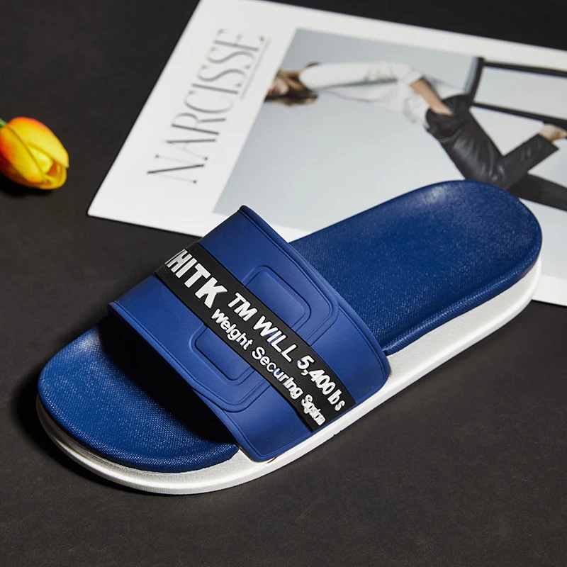 Мужские летние шлепанцы WEH черные синие модные комнатные для ванной Мужская