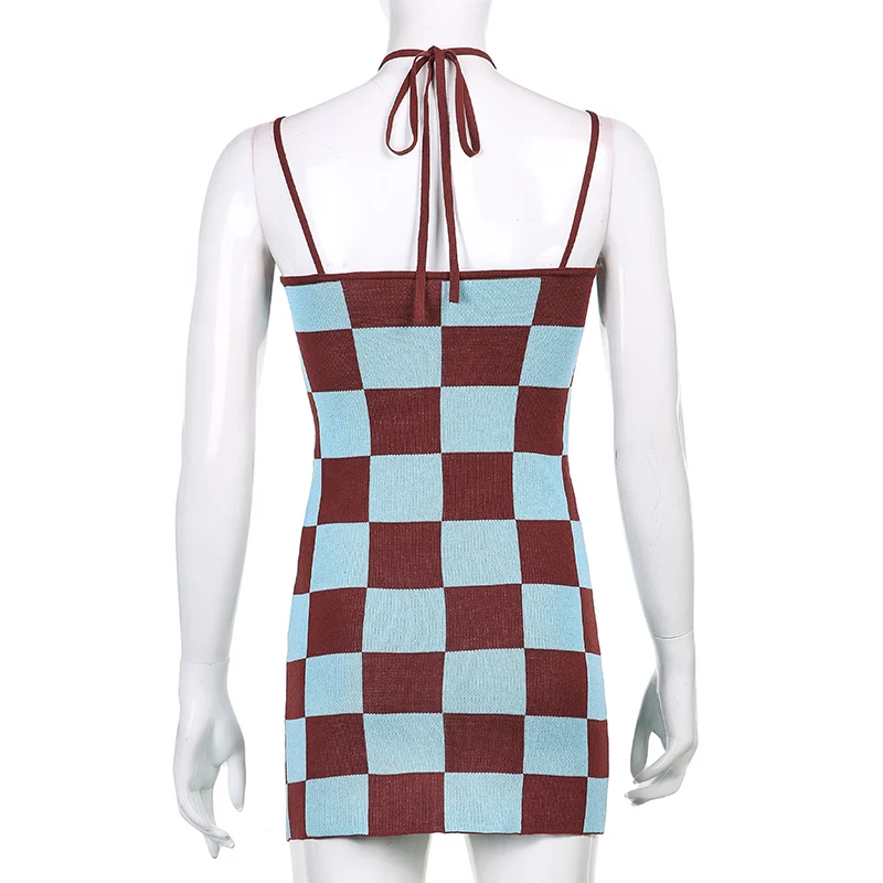 

Plaid Print Y2k Knitted Bandage Sexy Halter Dress Women 2021Summer Backless Sundress Sleeveless Beach Vintage Mini Dresses Party