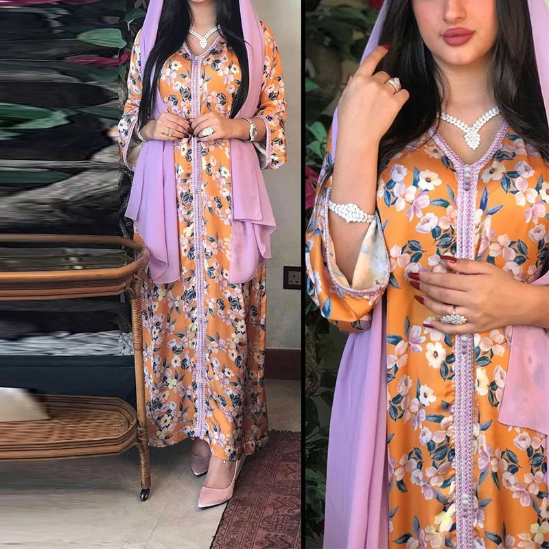

Islamic Clothing Summer 2021Muslim Dress Woman Eid Gold Jalabiya Print Flower Mubarak Dubai Turkish Arabic Moroccan Kaftan Abaya