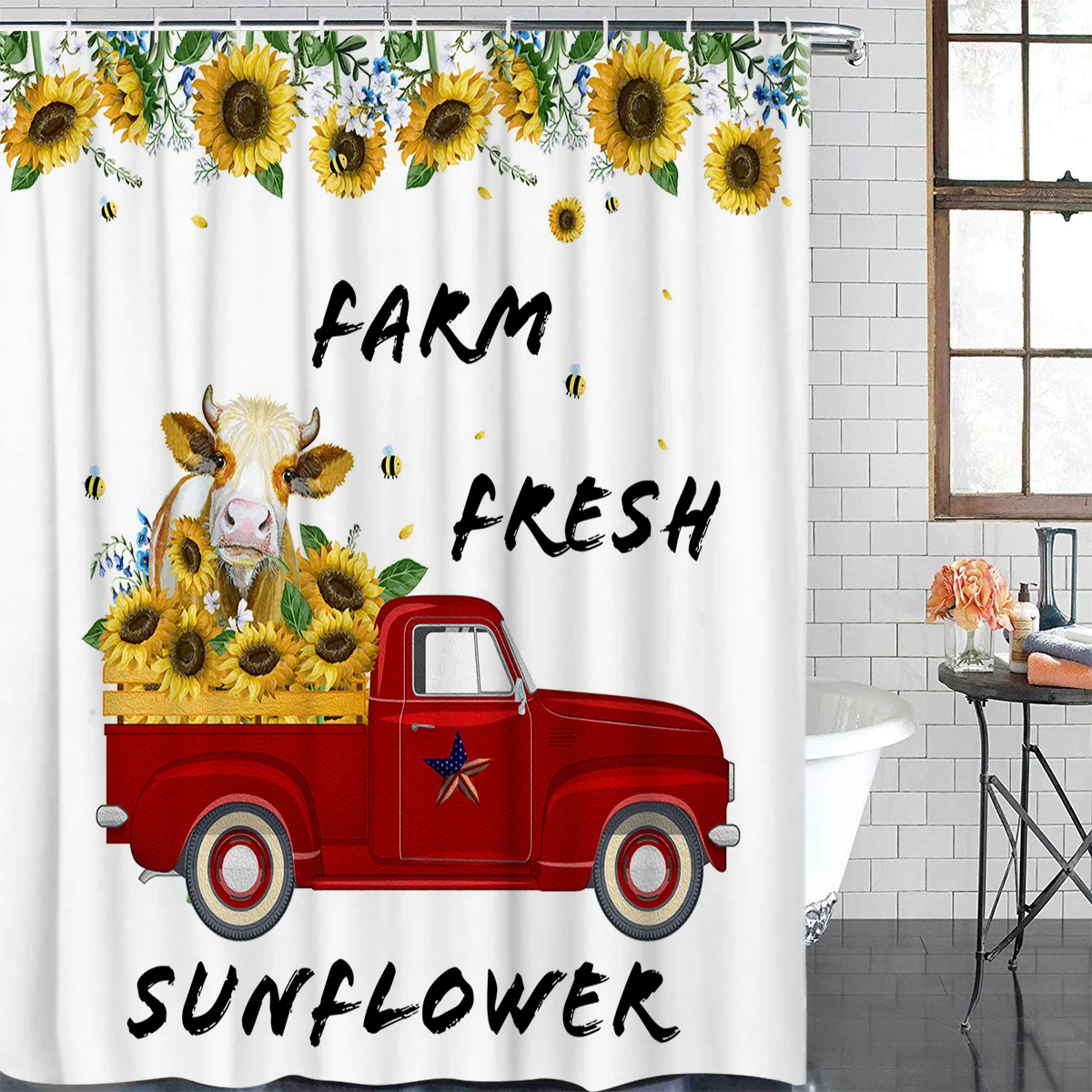 

Осенняя занавеска в ванную комнату Sunflower Wagyu тема фермы красный грузовик Рождественская елка занавеска для душа ткань с крючками занавески ...